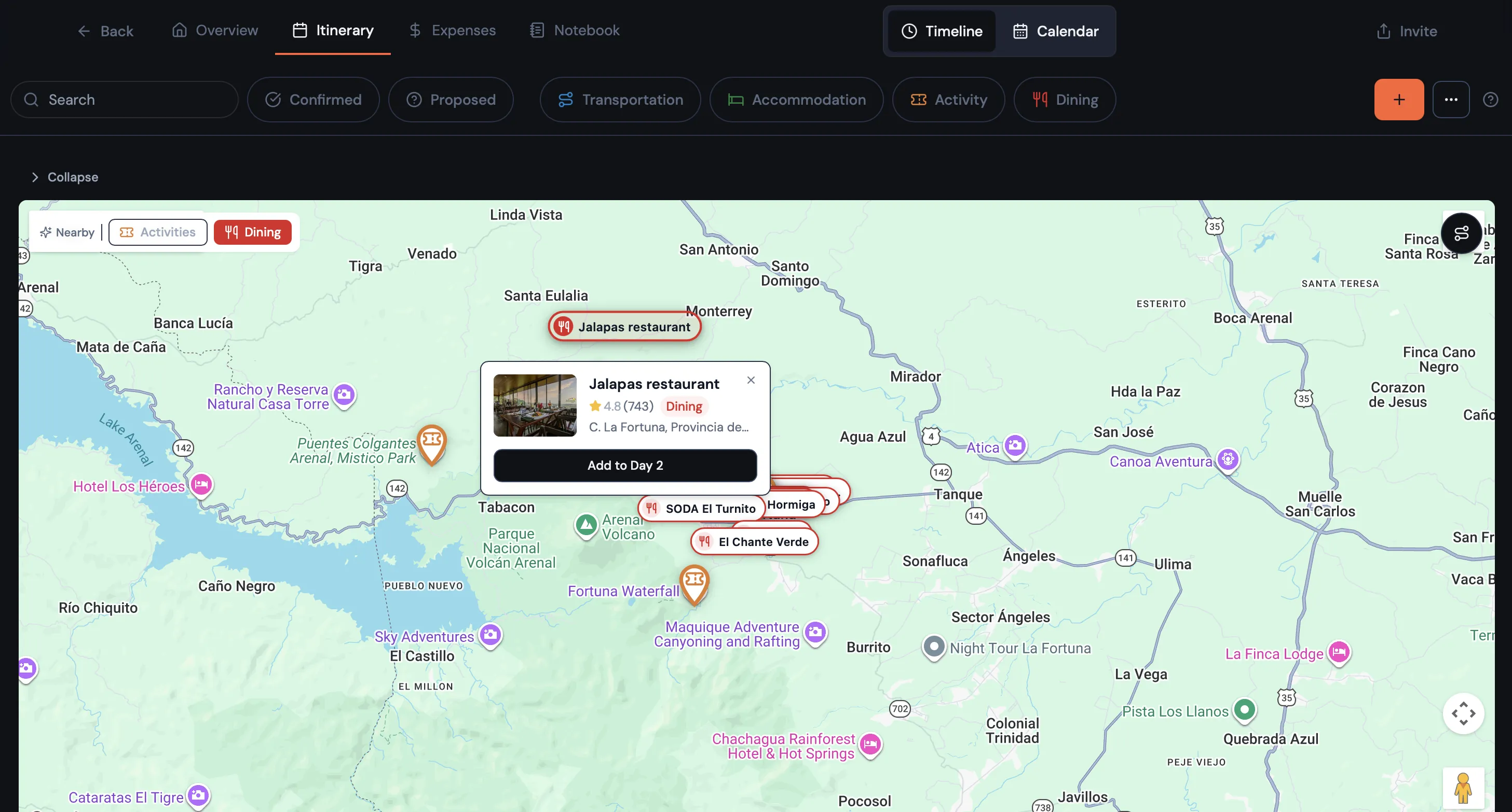 Bonder showing itinerary suggestions for a destination, ready to add to a trip