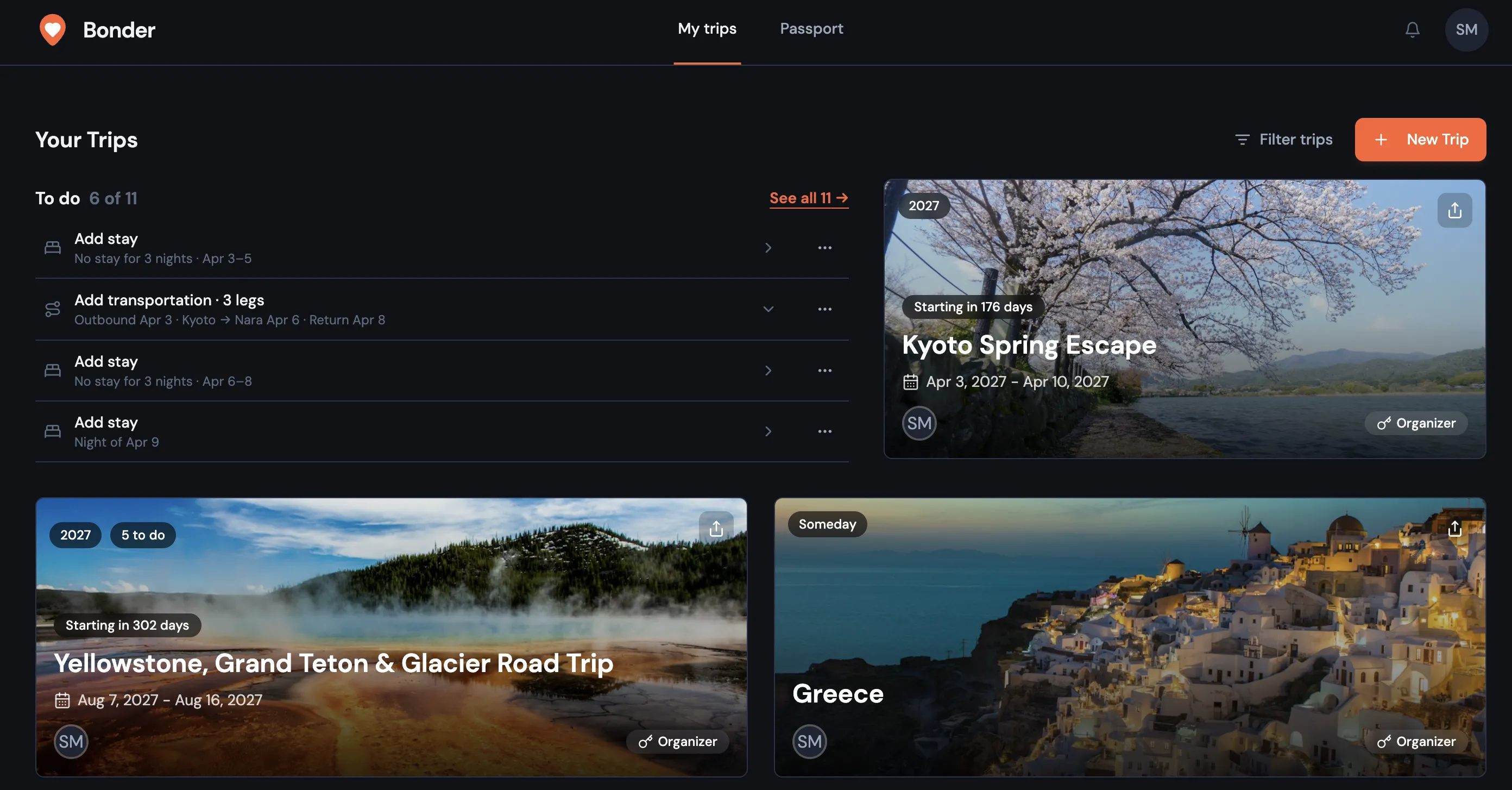 Bonder's My Trips page: upcoming trips to Kyoto and a Yellowstone road trip with countdowns to departure, next to a someday idea for Greece
