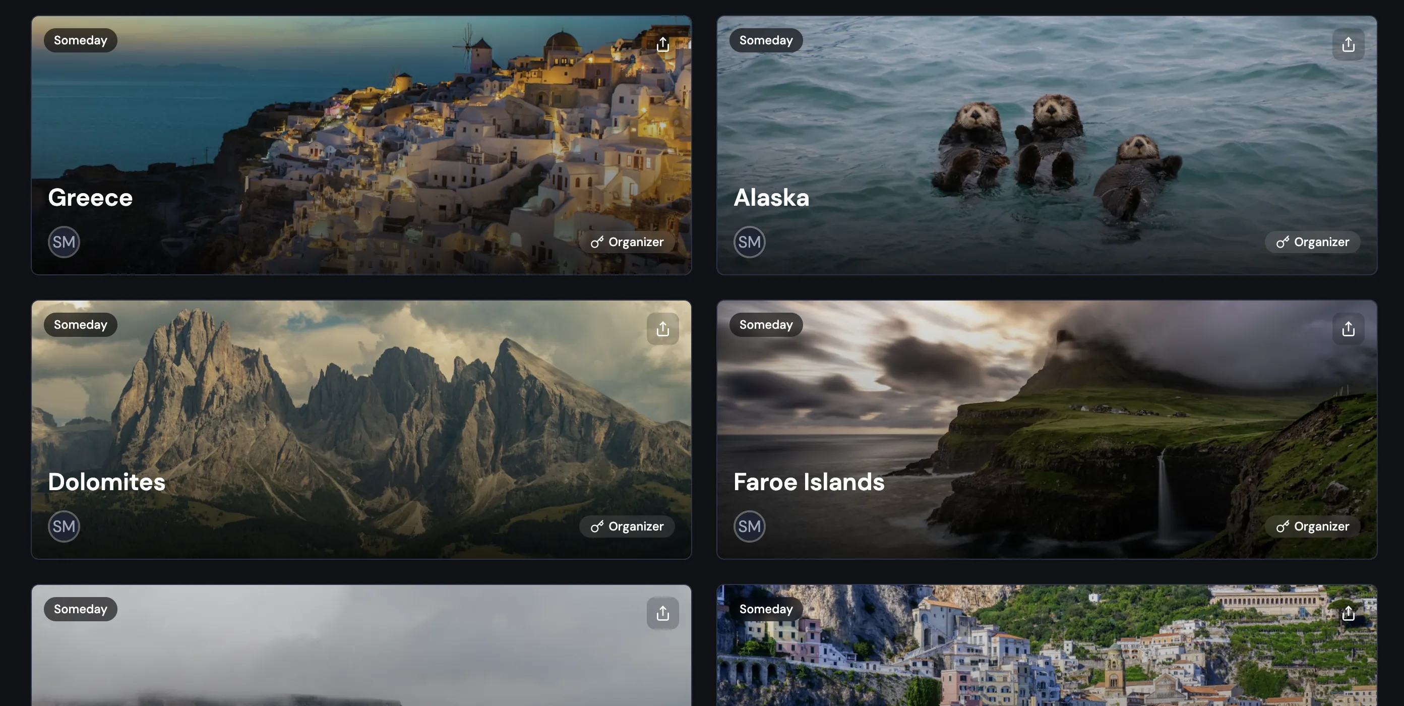 Bonder trip ideas marked Someday, each with a photo: Greece, Alaska, the Dolomites, the Faroe Islands, Iceland, and the Amalfi Coast