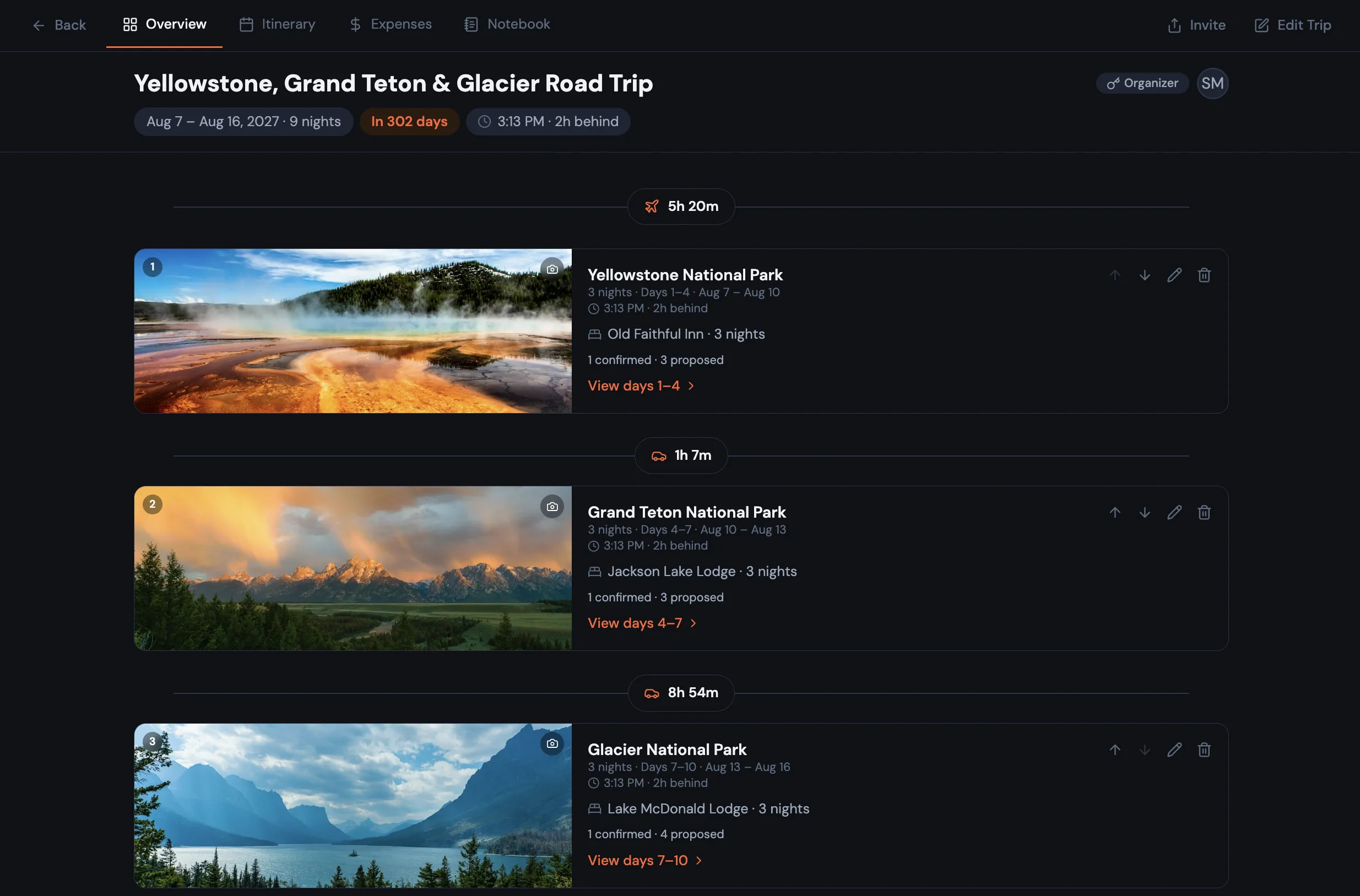 A Bonder trip overview for a Yellowstone, Grand Teton & Glacier road trip showing three destination cards — each with a photo, night count, lodging, and confirmed/proposed items — connected by transport times between stops