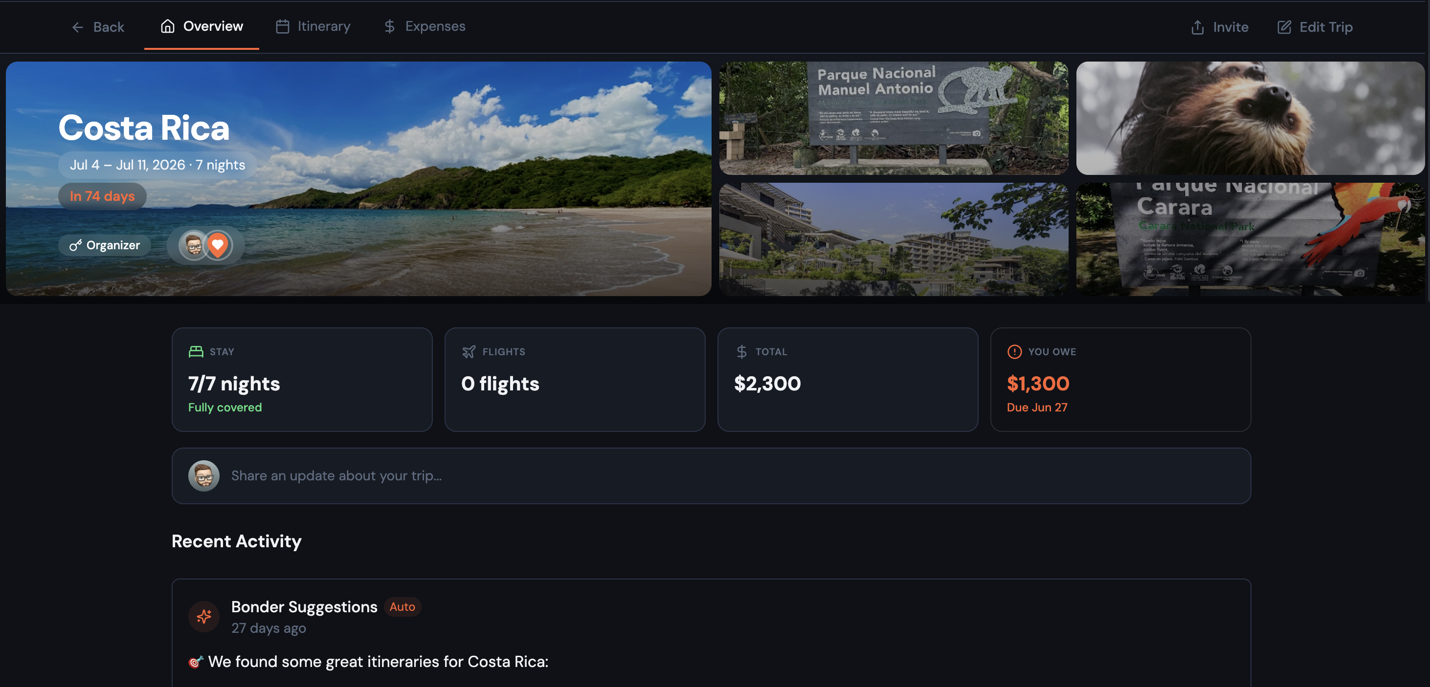 Trip Overview tab showing a photo collage hero at the top, four stat cards (Accommodation, Flights, Total Cost, I Owe) in the middle, and group feed posts below