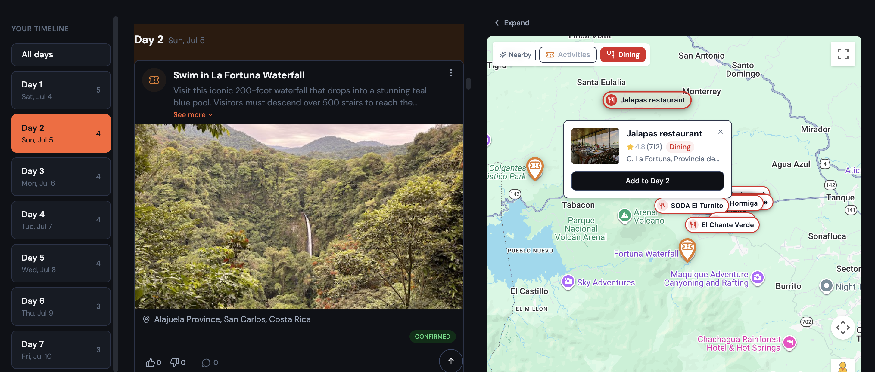 Split-screen itinerary view with the timeline on the left and the map on the right, showing both itinerary markers and labeled suggestion pins for nearby restaurants