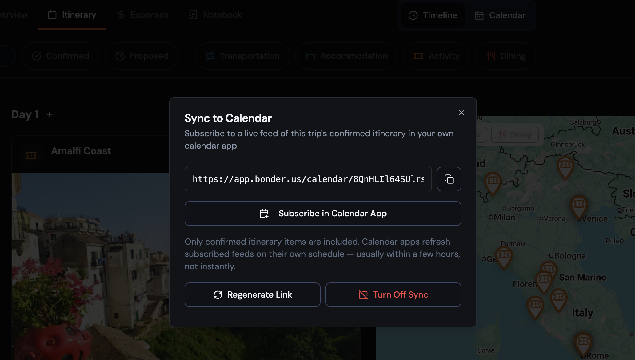 The Sync to Calendar dialog, showing the subscription link, a 