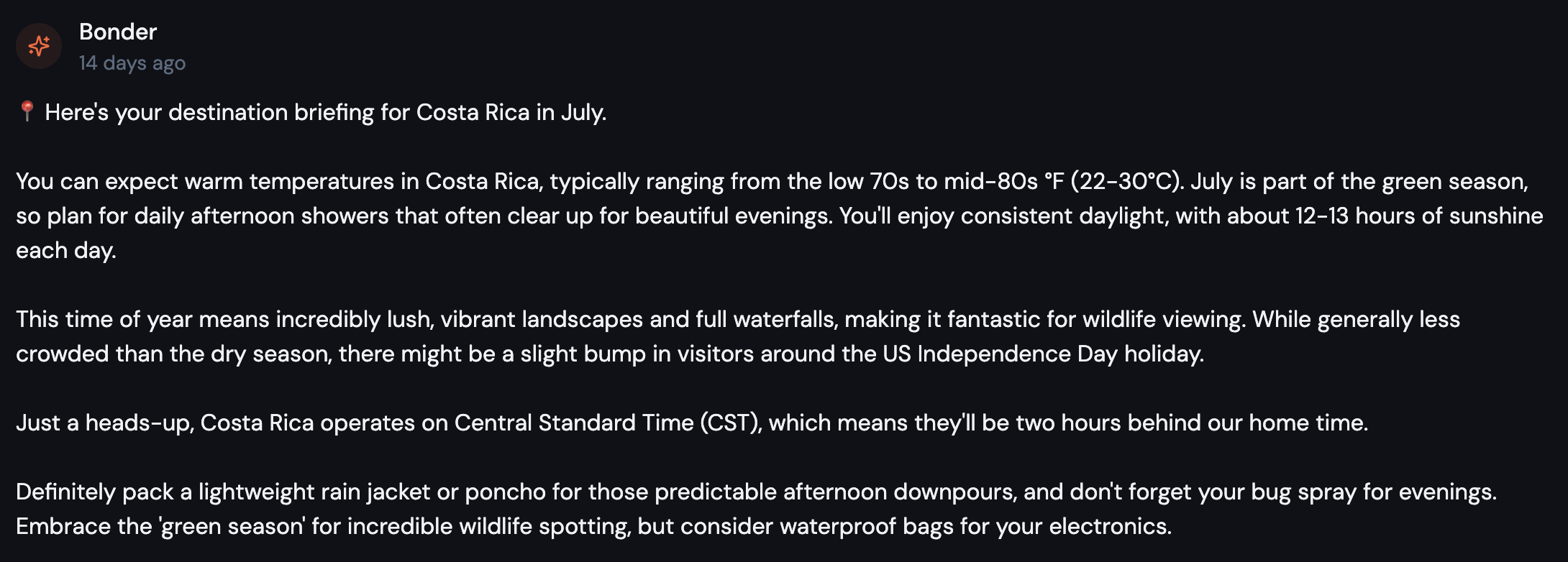 Destination briefing post in the trip feed showing climate, time zone, and packing tips for Costa Rica