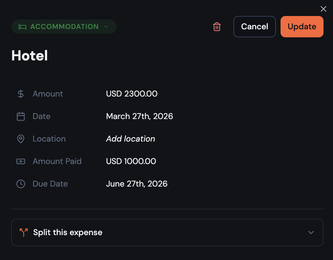Expense detail view showing a $2,300 hotel expense with category, date, amount paid, and due date fields