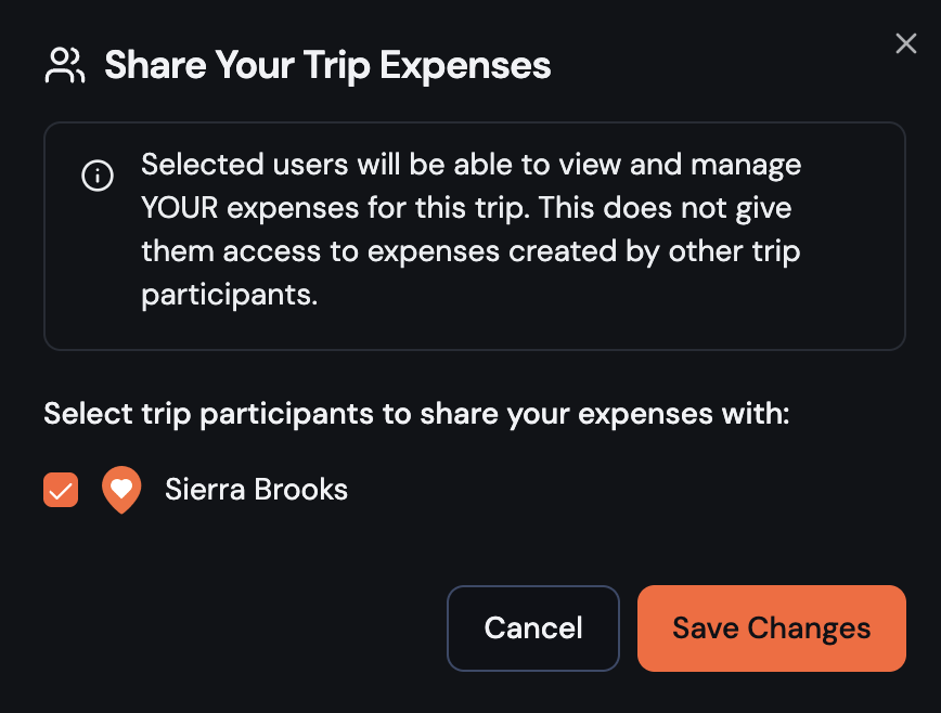 Share expenses dialog showing trip participant selection
