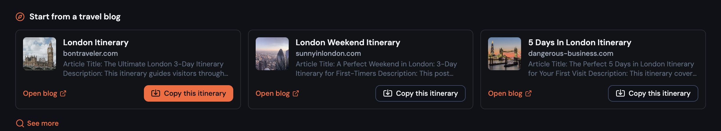 The Explore ideas section on a freshly unlocked trip, with photo-led travel blog suggestions for the destination