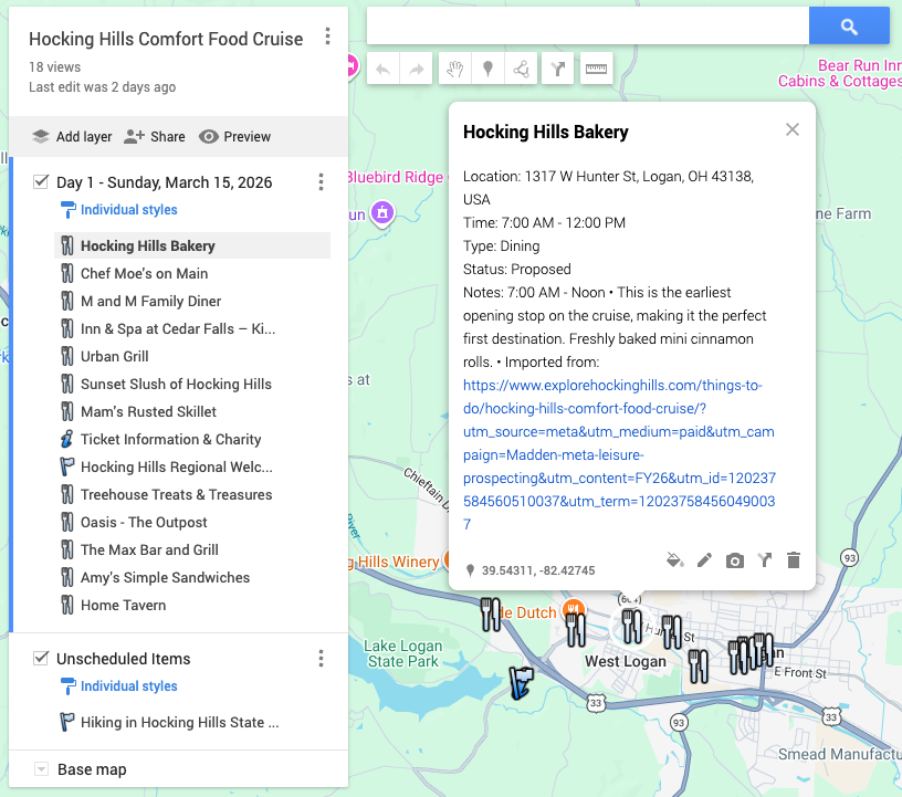 Google Maps route showing a day of planned stops