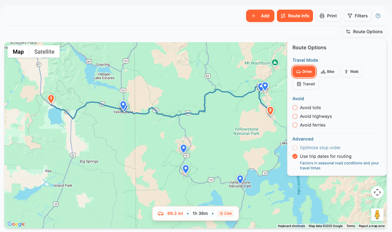 A Google Maps route through Yellowstone National Park showing travel details
