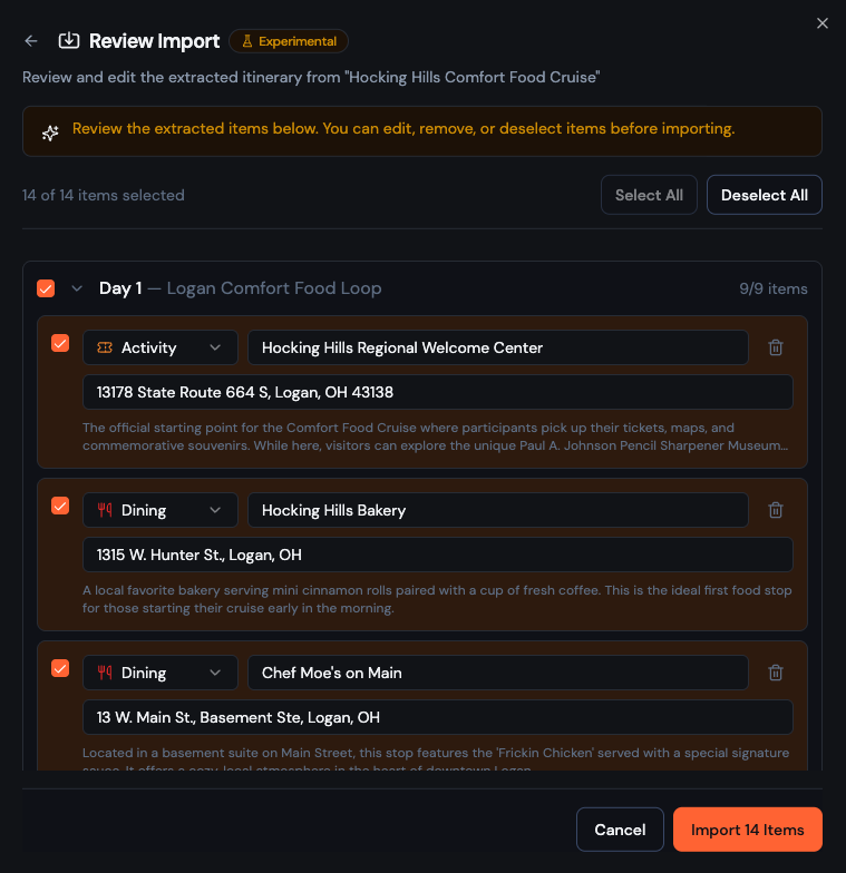 Bonder itinerary import interface showing extracted stops from a web page
