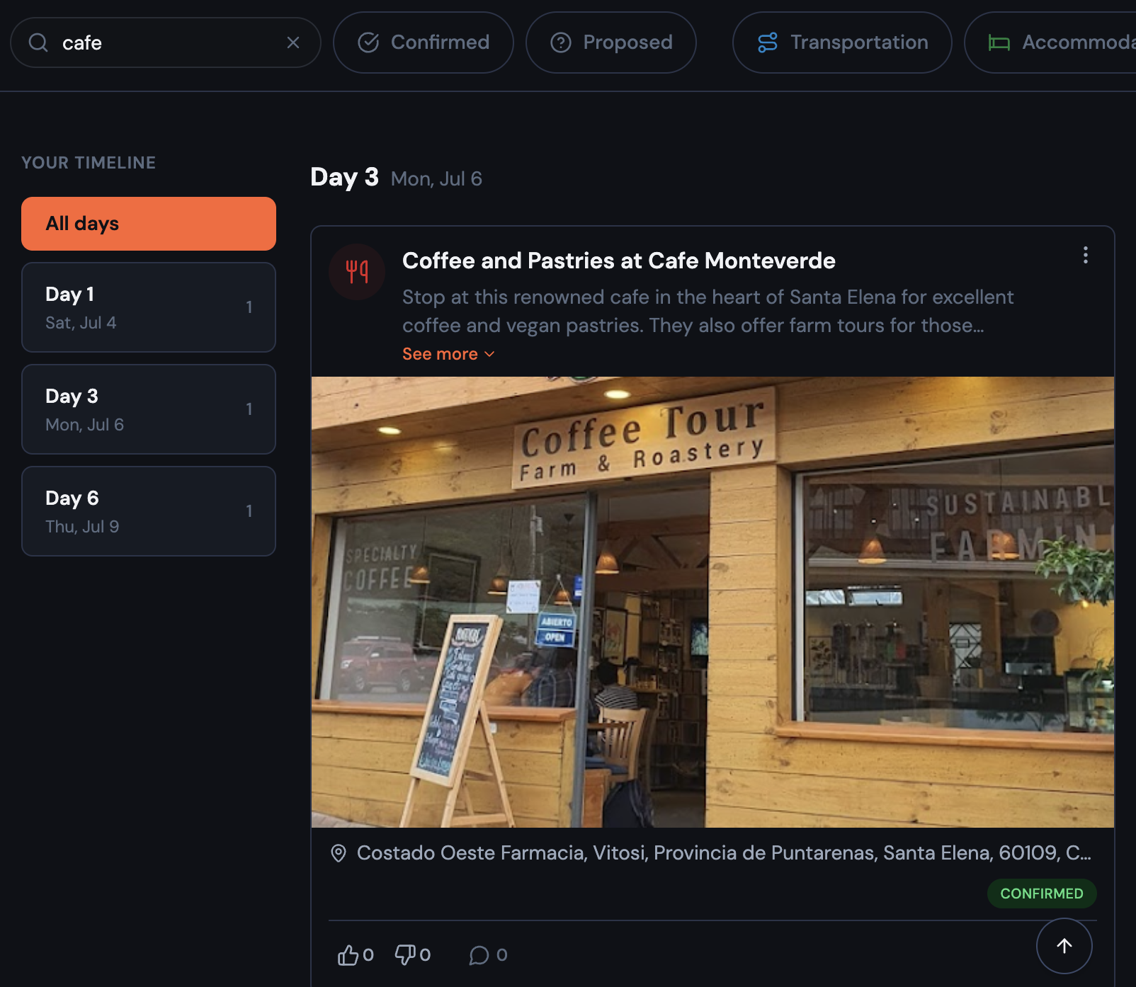 Itinerary search filtering a trip down to cafe stops across multiple days
