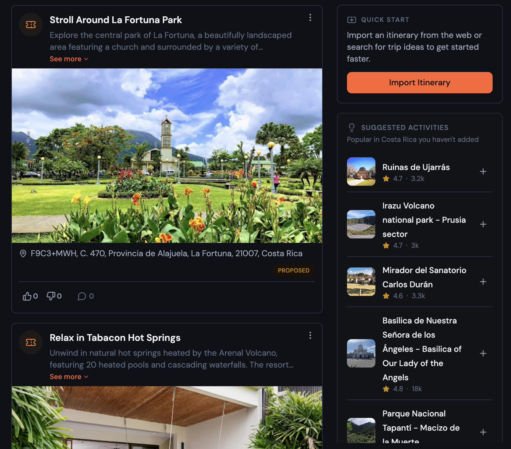 Itinerary list view in dark mode, showing the calmer neutral palette, orange action buttons, and new typography