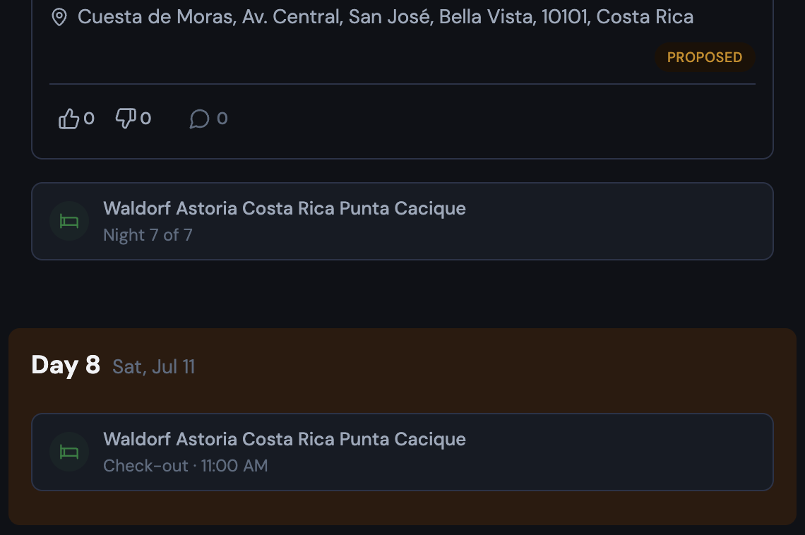 Itinerary list view across days 2β4 of a multi-night hotel stay, showing compact ghost cards reading