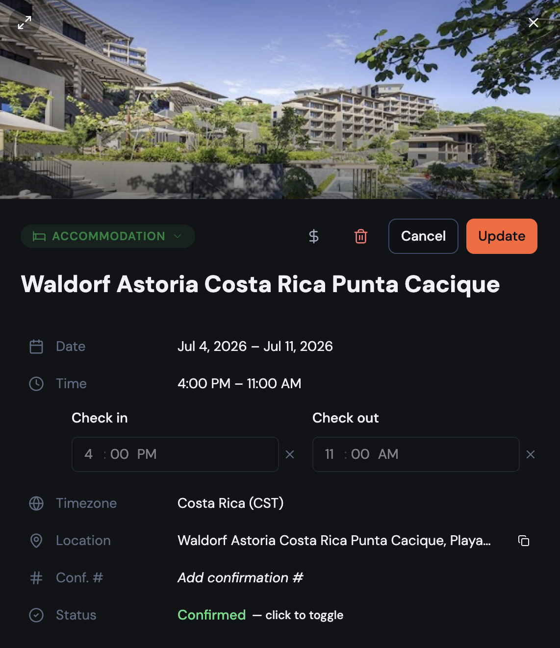 An accommodation item open in the new document-style view β place photo filling the top, property rows (date, check-in time, confirmation number) visible below, one row expanded to show its edit field