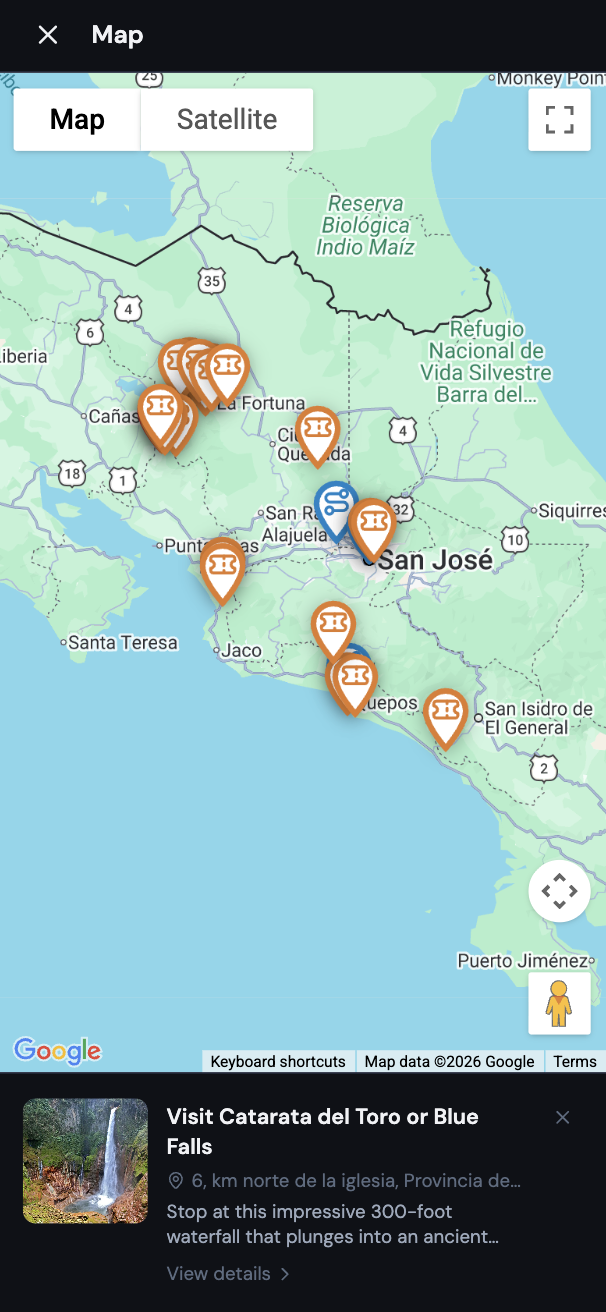 Full-screen mobile map overlay with several itinerary markers visible, and a bottom panel open showing the tapped item's name, time, and a link to view details
