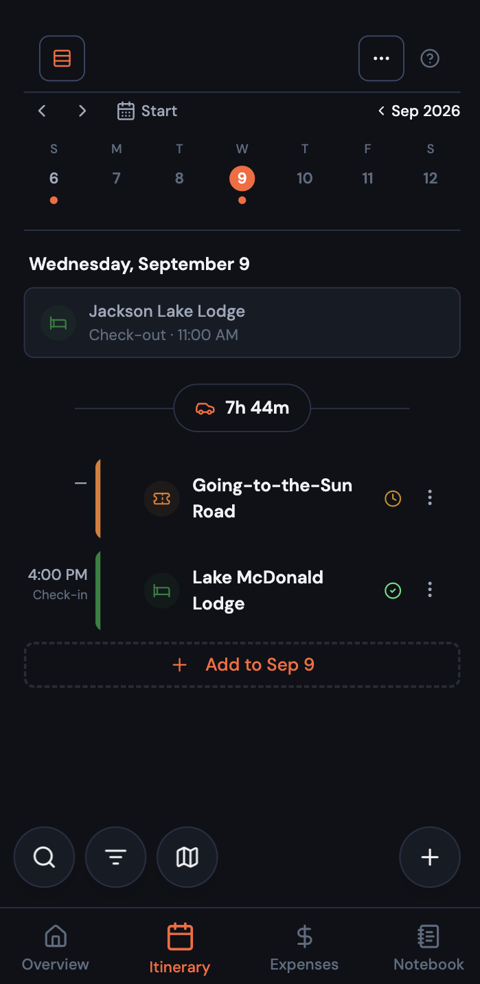 Mobile Calendar view on September 9, showing a Jackson Lake Lodge checkout, a 7h 44m transport leg, and a Lake McDonald Lodge check-in the same day
