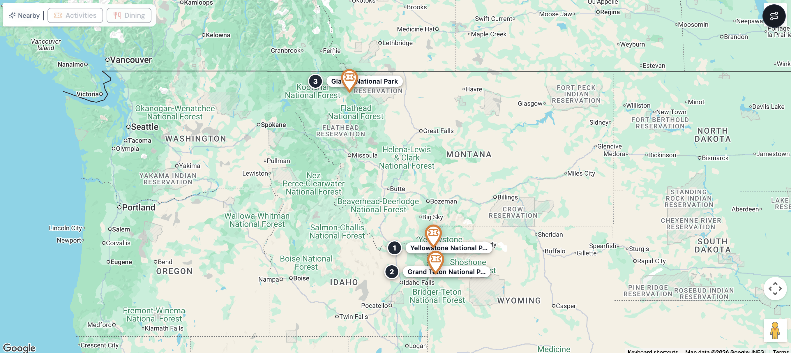 The itinerary map showing numbered pins for Yellowstone, Grand Teton, and Glacier National Parks across the route