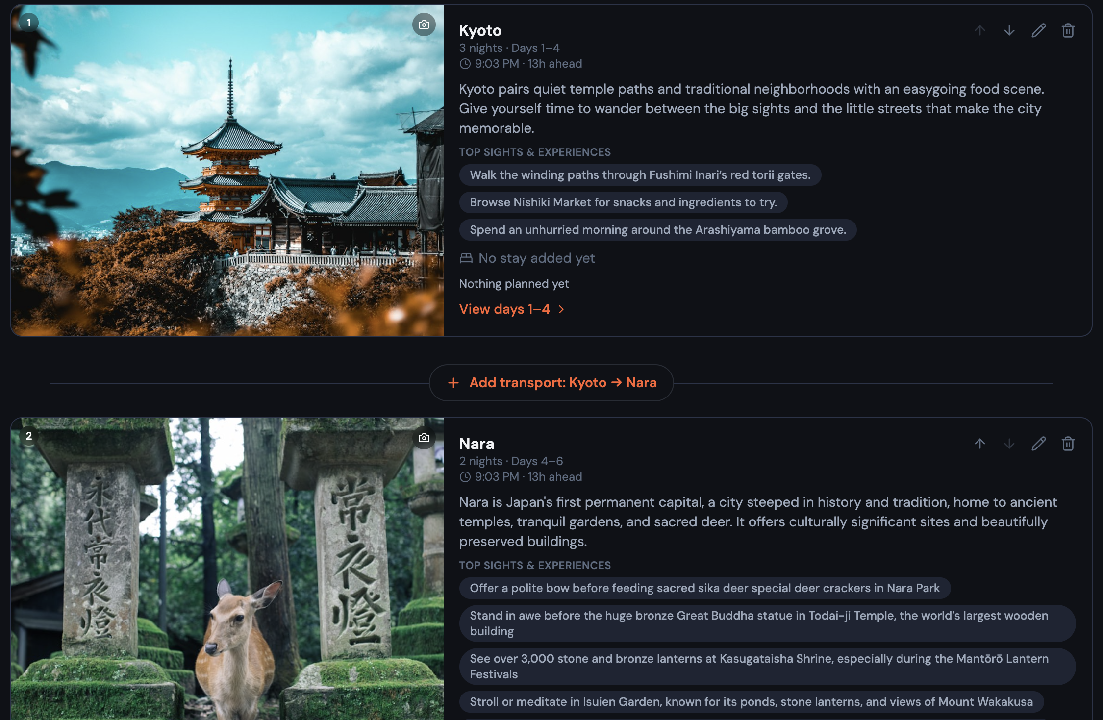 Kyoto destination card with an introduction and suggested highlights