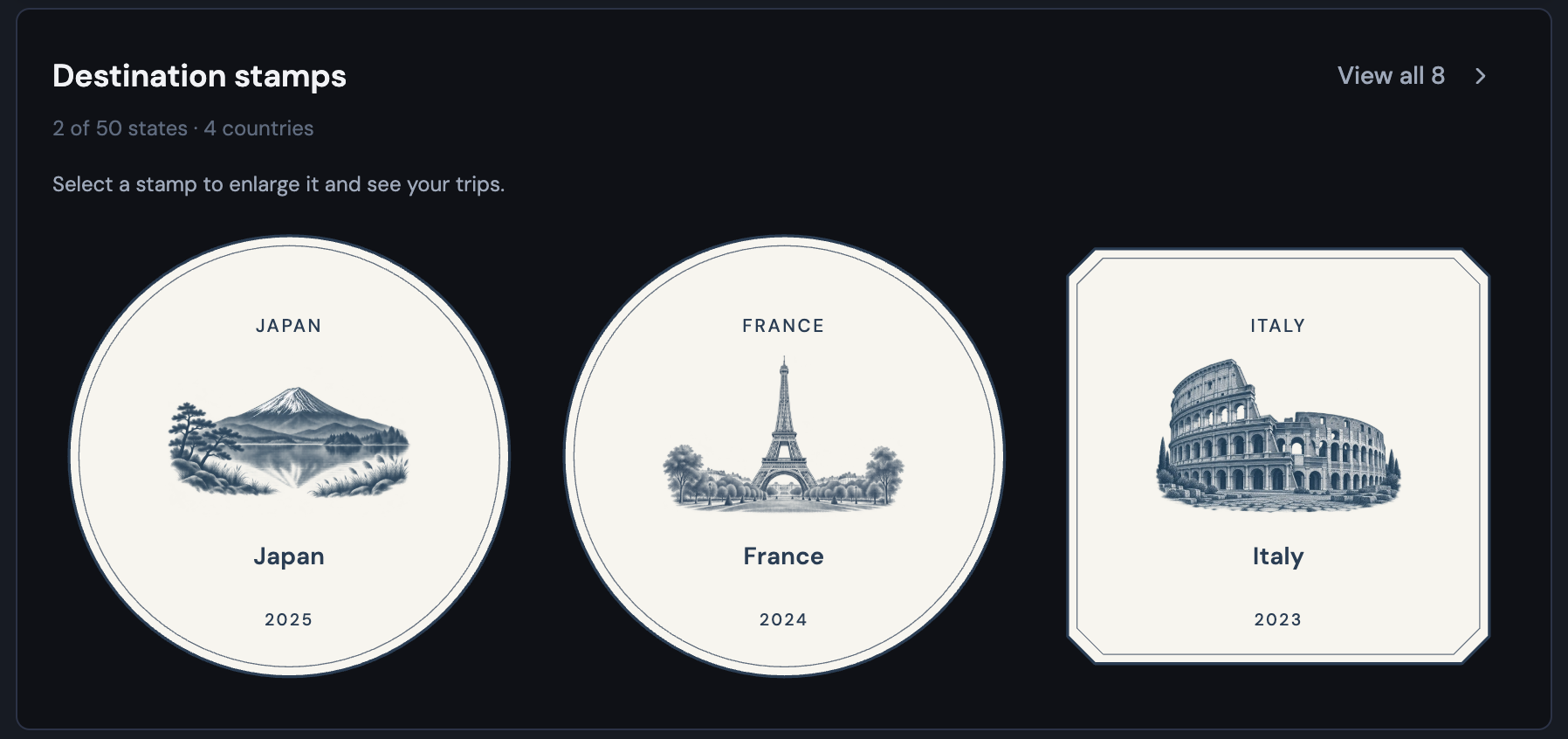 Illustrated Bonder Passport stamps for Japan, France, and Italy