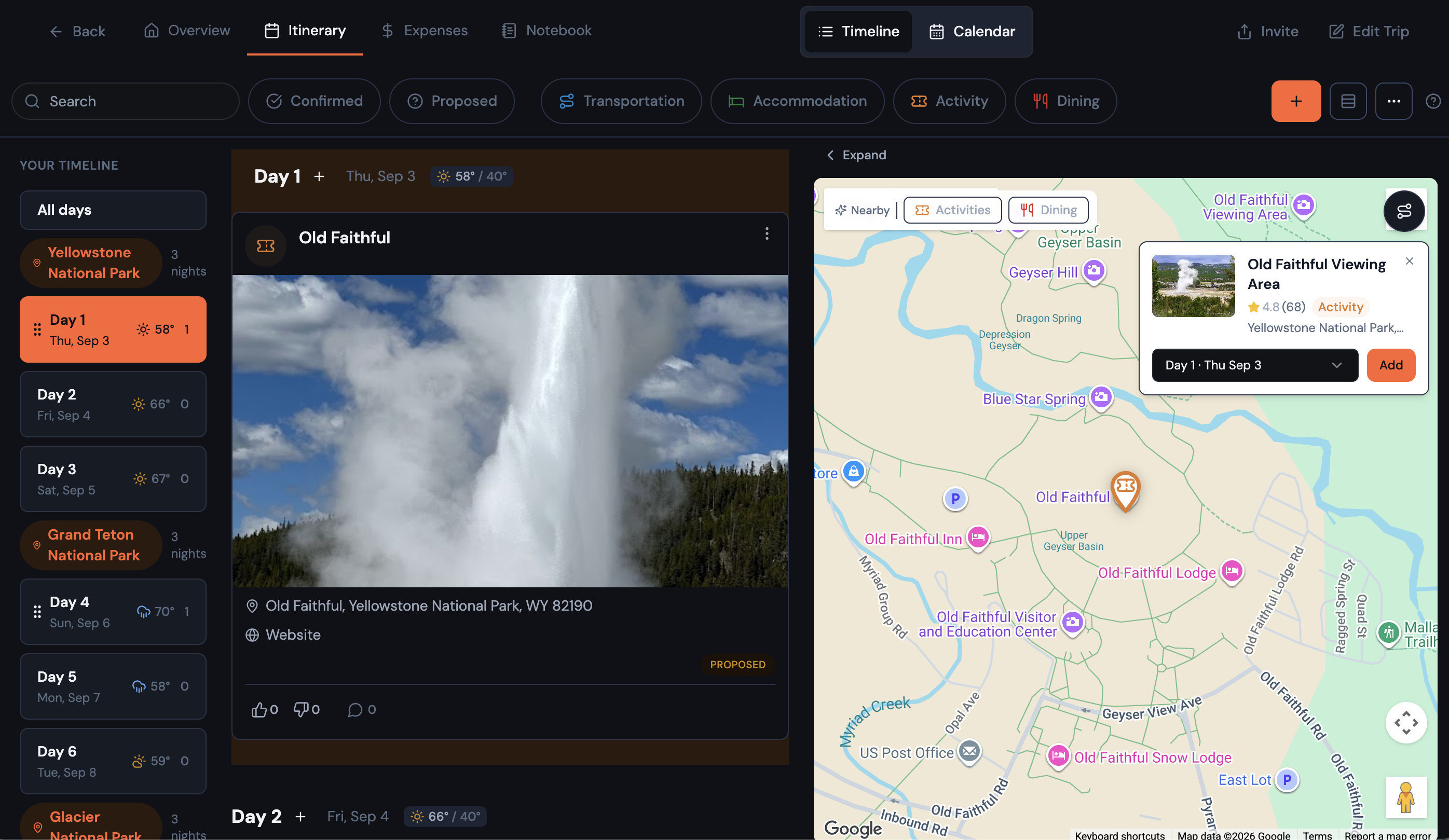Timeline day header showing a weather chip with the day's high/low temperature, above the day's itinerary card