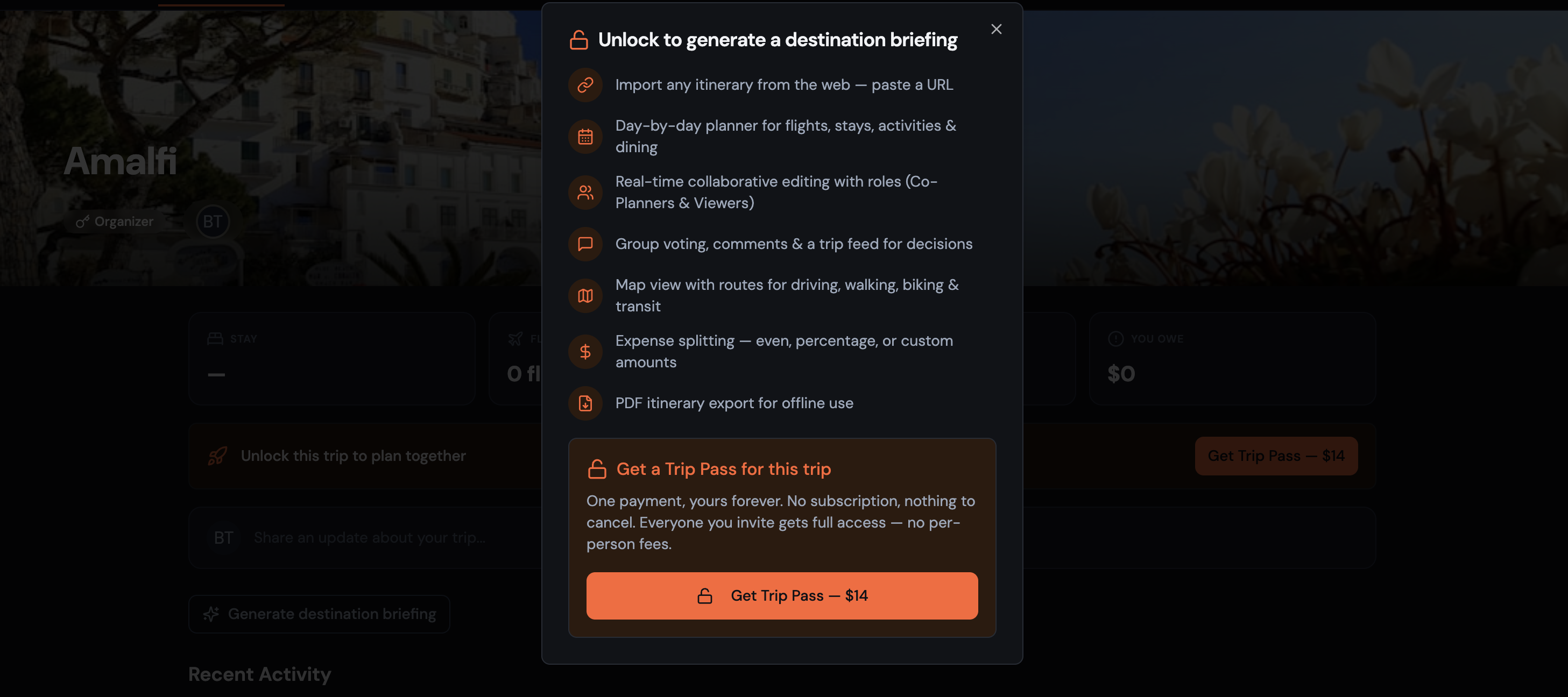 The Trip Pass unlock screen — one payment, full access for everyone you invite, no per-person fees