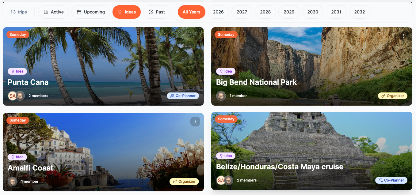 Refreshed trips dashboard with large image cards